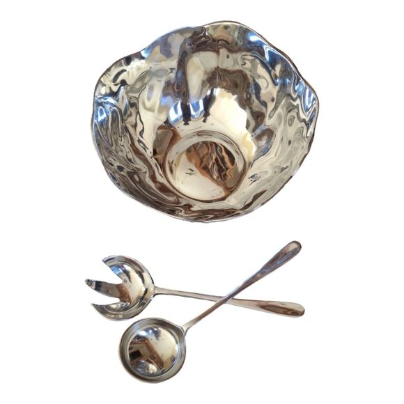 Large Vintage Mexican Pewter Salad Serving Bowl Set NEW in original Box Unused - Picture 7 of 16